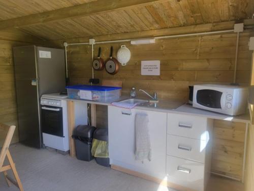 a kitchen with a counter and a microwave and a stove at Cozy Wooden Chalet in Abilly, France in Abilly-Sur-Claise