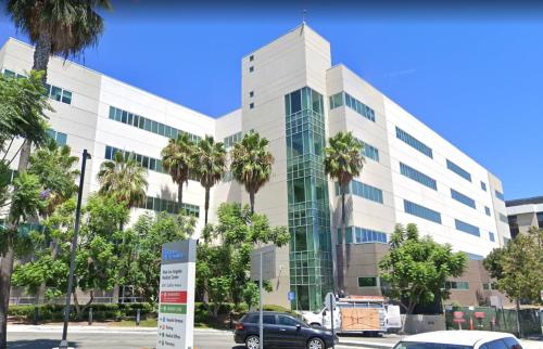 a large white building with palm trees in front of it at Newly constructed 2 bedroom by La Cienega Plaza with parking, modern kitchen, washer dryer and very central to attractions in Los Angeles
