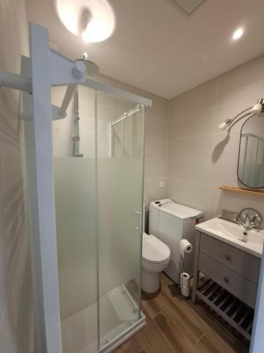 une salle de bain avec une douche, des toilettes et un lavabo dans l'établissement Chez Babeth, à Mâcon