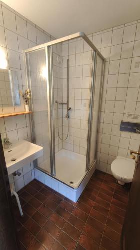 a bathroom with a shower and a toilet at Pension Cafe Katharina in Stiefenhofen