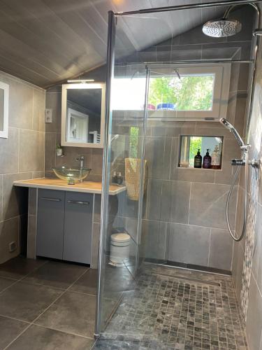 a bathroom with a shower and a sink at La Petite Maison in Corme-Écluse