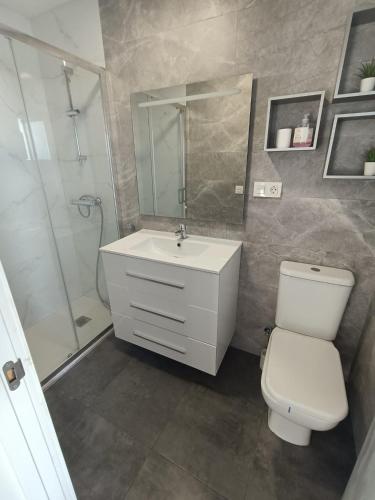 a bathroom with a toilet and a sink and a shower at Casa Nentis in Mucientes
