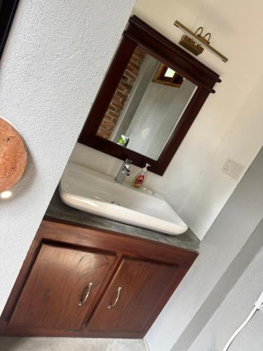 a bathroom with a sink and a mirror at Steps Garden Resort in Negombo