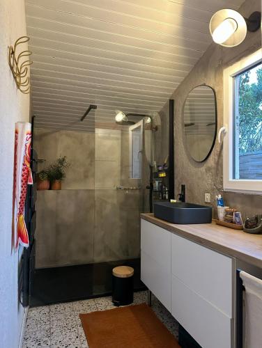 une salle de bain avec un lavabo et une douche dans l'établissement Charmante maison rénovée à Arès, à Arès