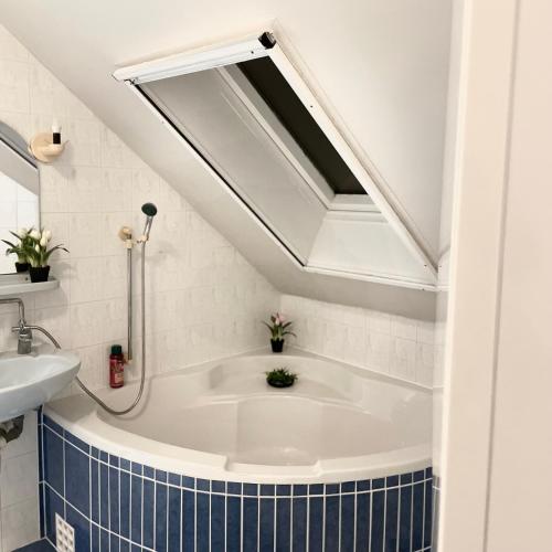 a bathroom with a bath tub with a skylight at Zajer Apartment Ház in Hajdúszoboszló