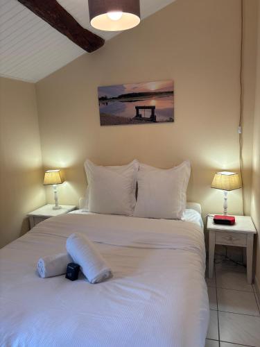 une chambre avec un grand lit blanc avec deux lampes dans l'établissement Idée Halles Appt 1 chambre centre ville, à Châtillon-sur-Chalaronne