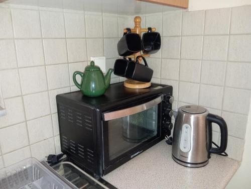 a microwave on a kitchen counter with pots and pans at Garden studio in Piraeus
