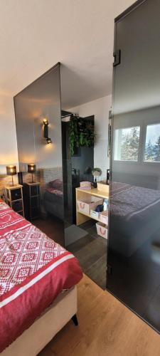 クランにあるChez Claudine et Charles - Crans-Montanaのベッドルーム1室(ガラス張りのベッド1台付)