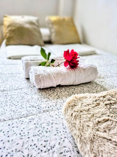 a red flower sitting on top of a bed at Quiet basic room in hosts house ideal for bikes and walking the camino in Zizur Mayor