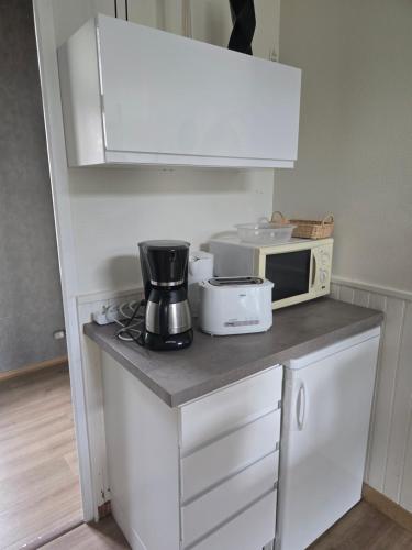 - une cuisine équipée d'un four micro-ondes et d'une cafetière sur un comptoir dans l'établissement Appartement 6 personnes, vue exceptionnelle sur la montagne, à La Bourboule
