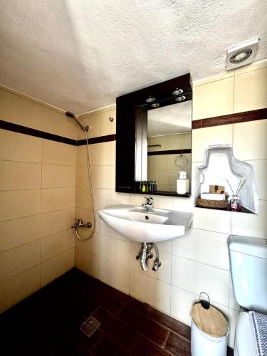 a bathroom with a sink and a mirror and a toilet at Lotzia House in Kástron