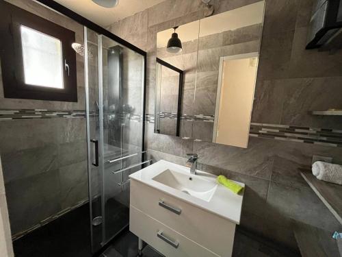 une salle de bain avec un lavabo et une douche dans l'établissement Appartement Les Pluviers, à Saint Pierre La Mer