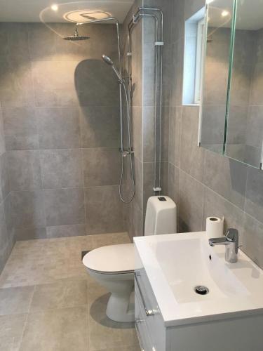 a bathroom with a toilet and a sink and a shower at West coast villa with stunning ocean view ! in Hovenäset