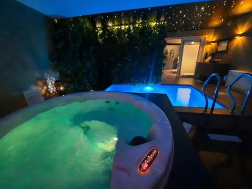 a bath tub filled with green water with a remote control at Clos des Thermes-Zanzibar in Liège