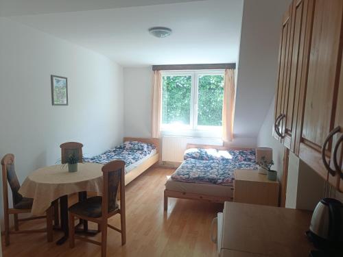 a room with a bed and a table and a window at Hobití doupě in Stražisko