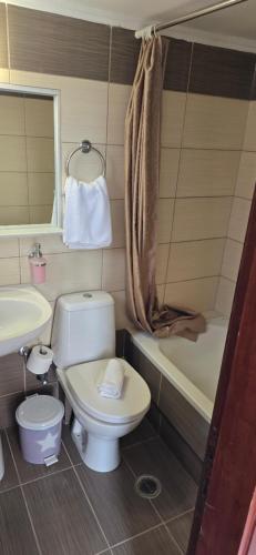 a bathroom with a toilet and a sink and a tub at GLIPTIS Apartments in Karfas