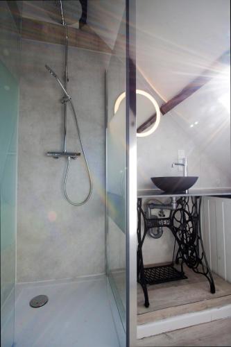 a bathroom with a shower with a sink and a table at Holidayhouse Balie in Bruges