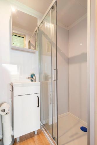 a bathroom with a shower and a sink at Romantic Offgrid Tiny Home Ft Beachy Head Hike in Chiddingly