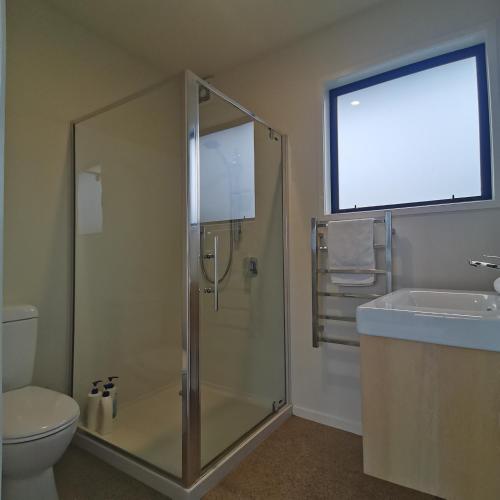 a bathroom with a shower and a toilet and a sink at Cedar Lakeview in Lake Tekapo