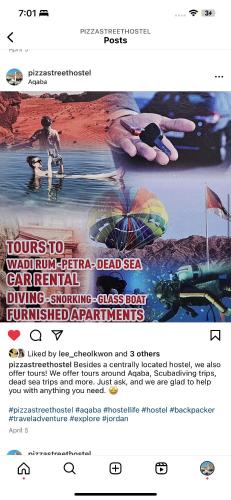 a flyer with a picture of a man in the water at Pizza Street Hostel in Aqaba