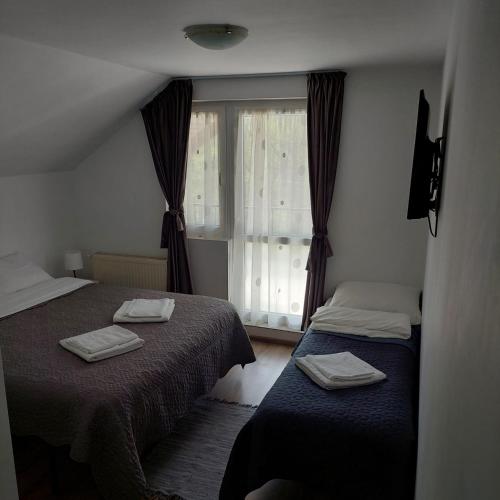 a bedroom with two beds and a window at Casa Valea Arefului in Arefu