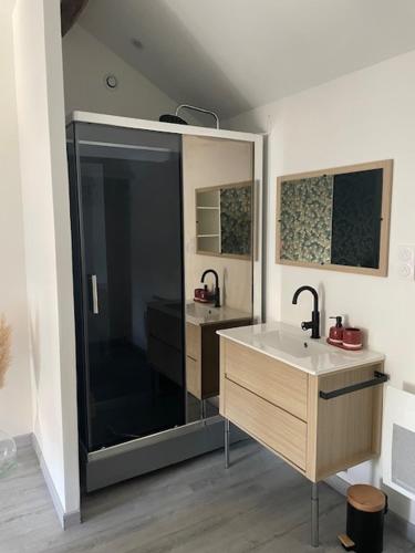 La salle de bains est pourvue d'une grande douche et d'un lavabo. dans l'établissement Maison mitoyenne proche Cognac, à Javrezac