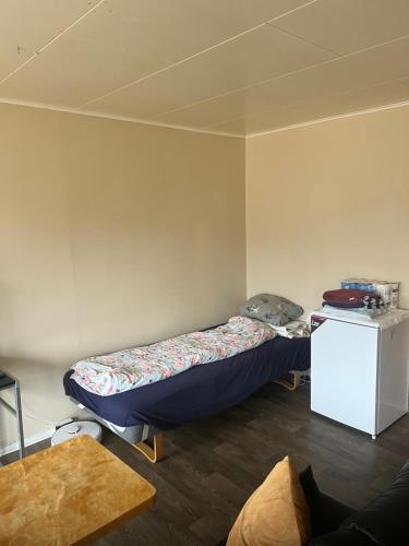 a small room with a bed and a refrigerator at Cheap Apartment near airport with included parking, washer and dryer Always Ready Finhaugveien 5 in Evenesmarkja