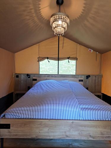 a large bed in a room with a chandelier at Zeeuwse Landhoeve Safaritent in Brouwershaven