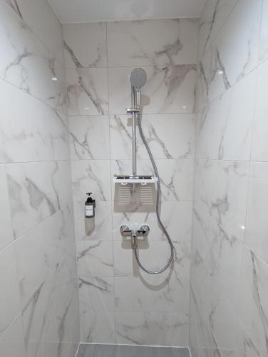 La salle de bains est pourvue d'une douche et de murs en marbre blanc. dans l'établissement Confortable et moderne avec clim et jardin privé - Appartement Sauge, à Thonon-les-Bains