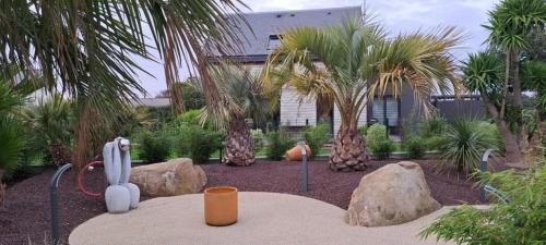 a garden with rocks and palm trees in front of a house at Le spa de la palmeraie in Penvénan