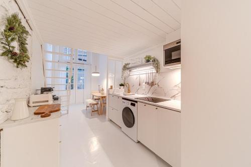 une cuisine blanche avec un évier et un lave-vaisselle dans l'établissement Duplex élégant et calme, plein centrre, à Lyon