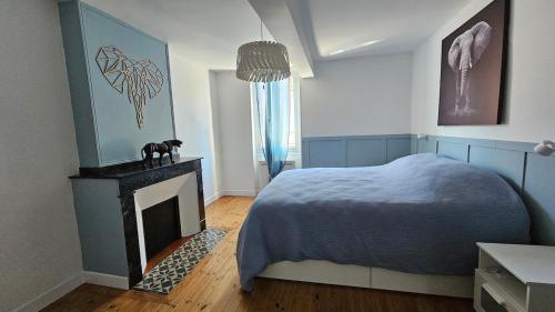 a bedroom with a bed and a fireplace at Cocon chaleureux au cœur d'Albi in Albi