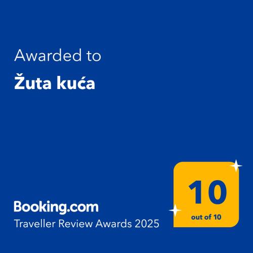 a yellow square with the text awarded to zirula kubica at Žuta kuća in Grude