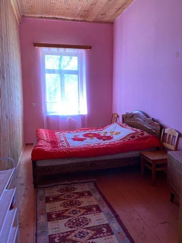 a bedroom with pink walls and a bed with a window at Lia Jamdeliani Guest House in Mazeri