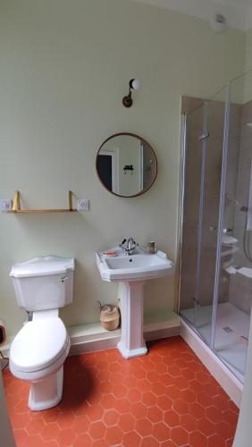 a bathroom with a toilet and a sink and a shower at Les Terrasses d'Antonin in Grambois