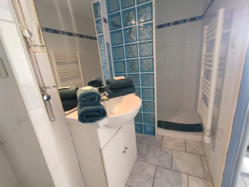 une salle de bain avec un lavabo et une douche dans l'établissement Appart 152, Port Soleil au village naturiste, au Cap d'Agde
