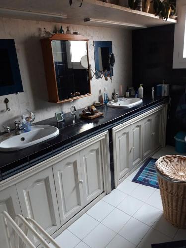 une salle de bain avec deux lavabos et un miroir dans l'établissement Maison provençale avec une grande piscine, à Garons