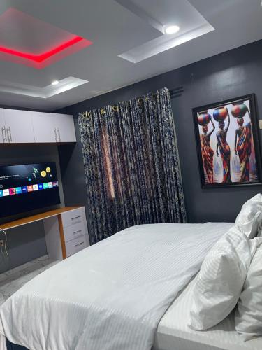 a bedroom with a white bed and a television at Umbrella Properties hotels and apartments - Moniya in Ibadan