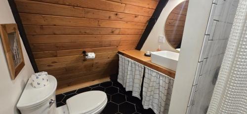 a bathroom with a toilet and a sink at Golden A Frame- 3 bedroom with hot tub and community amenities in Swanton