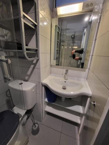 une salle de bain avec un lavabo, des toilettes et un miroir dans l'établissement Héliopolis F9, au Cap d'Agde