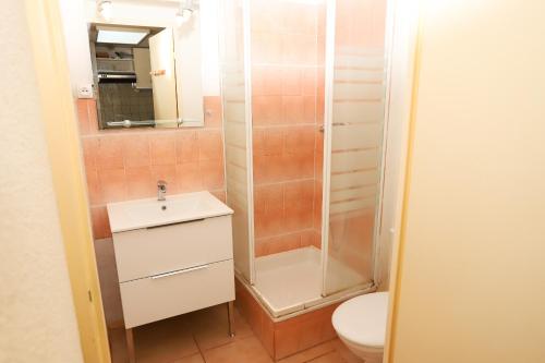 une salle de bain avec une douche, un lavabo et des toilettes dans l'établissement Petite maison avec terrasse en bord de plage, à Saint-Cyprien