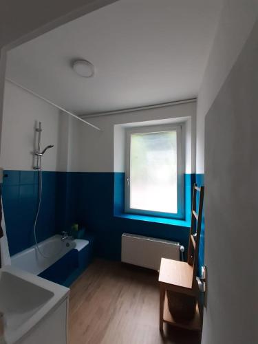 une salle de bain avec des murs bleus et blancs et une fenêtre dans l'établissement Wilson A2, à Sainte-Marie-aux-Mines
