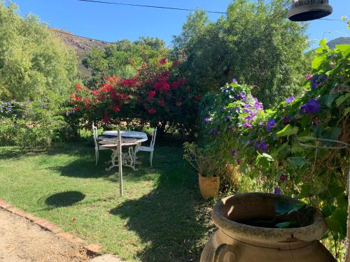 a garden with a table and a bunch of flowers at Le Florival in Tulbagh