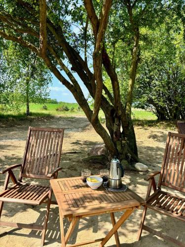 two chairs and a table with a tea kettle on it at Apartamenty i Winnica - Siedlisko Na Polanie in Lipka Wielka