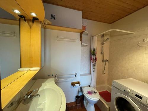 La petite salle de bains est pourvue d'un lavabo et d'un lave-linge. dans l'établissement Appartement cosy 4 pers, au coeur de Crest-Voland, proche pistes, parking, balcon - FR-1-733-80, à Crest-Voland