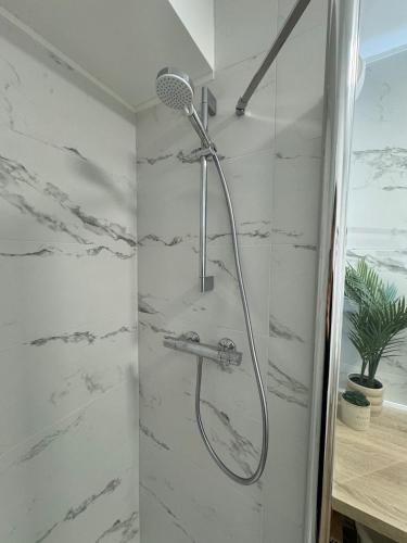 La salle de bains en marbre blanc est pourvue d'une douche. dans l'établissement L'Ecrin du Parc By Villa Gaïa - Terrasse et parc en centre ville, proche Eurexpo - Groupama - LDLC Arena - Aéroport, à Genas