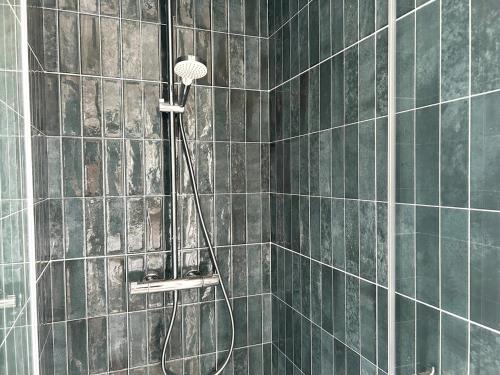La salle de bains est pourvue d'une douche avec du carrelage vert. dans l'établissement Superbe T2 neuf Lambersart ! Laurence, à Lambersart