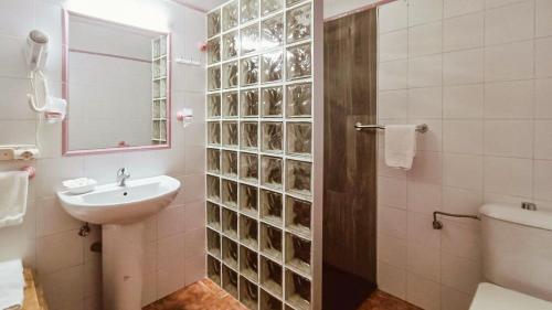 ein Badezimmer mit Waschbecken, Toilette und Spiegel in der Unterkunft Cortijo Carrillo Antequera by Ruralidays in Antequera