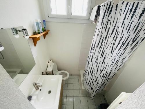 une salle de bain avec un lavabo et un rideau de douche dans l'établissement Nid urbain à 2 pas de la gare - 383, à Rouen
