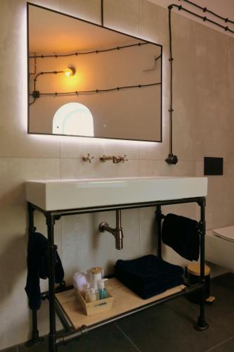a bathroom with a sink and a mirror at Watertoren Hengelo in Hengelo